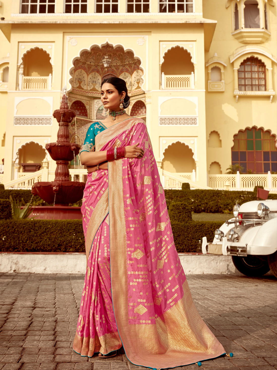 Rose Pink Dola Silk Wedding Saree with Heavy Zari Weaving