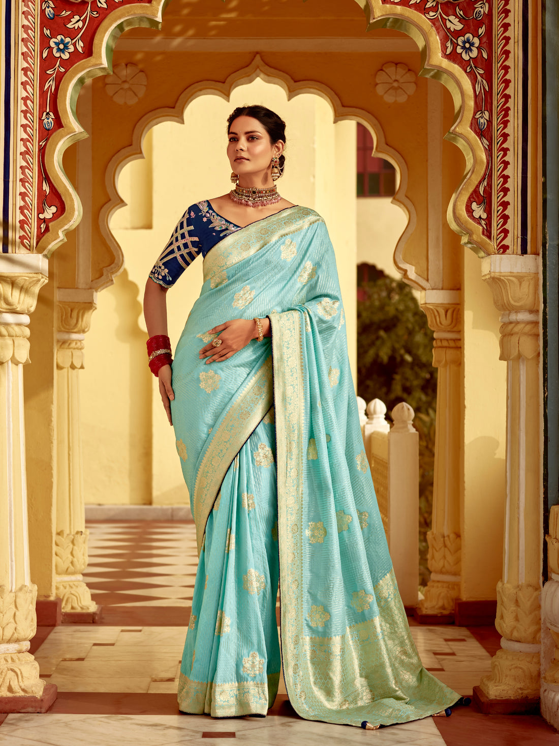 Sky Blue Banarasi Weaving Dola Silk Wedding Saree