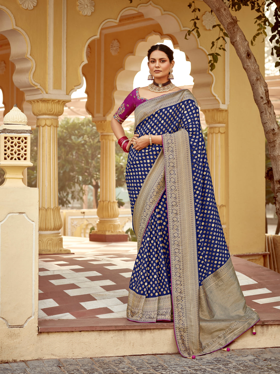 Navy Blue Banarasi Weaving Dola Silk Wedding Saree