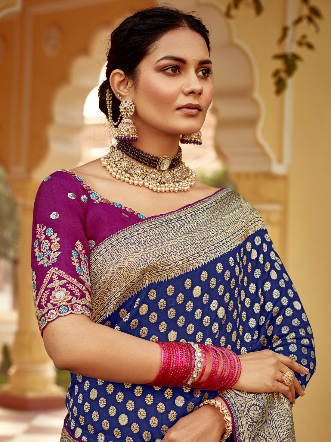 Navy Blue Banarasi Weaving Dola Silk Wedding Saree