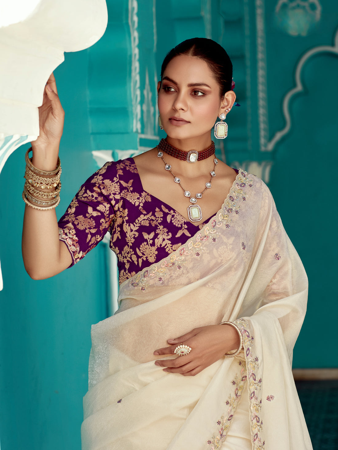 Off-White Glass Tissue Fancy Saree with Heavy Border