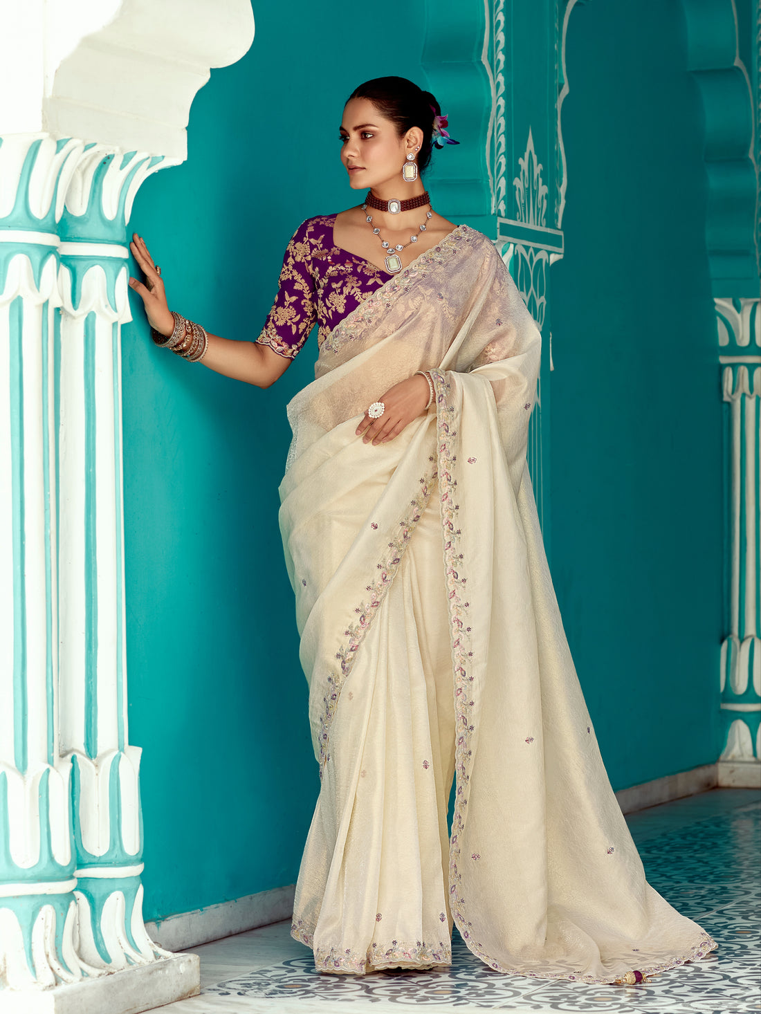 Off-White Glass Tissue Fancy Saree with Heavy Border
