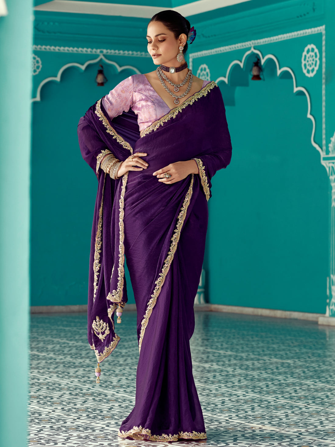 Deep Purple Organza Saree with Border Dazzles