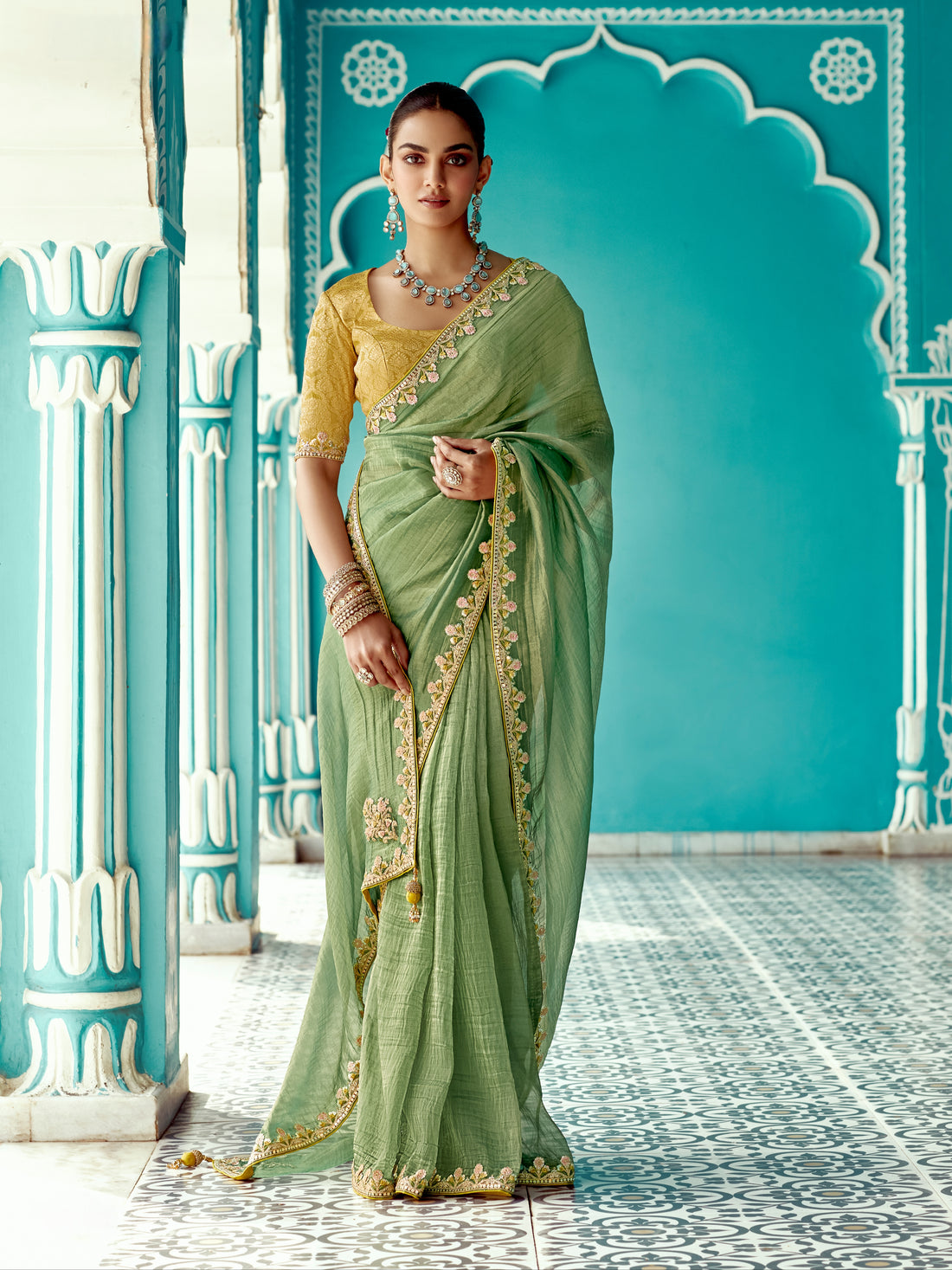 Light Green Organza Crush Saree with Heavy Border