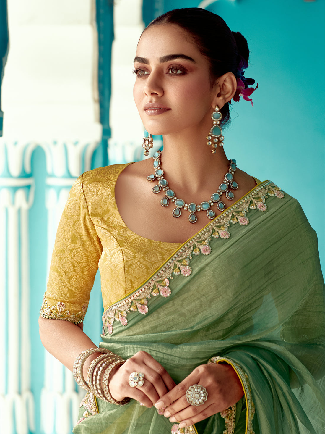 Light Green Organza Crush Saree with Heavy Border