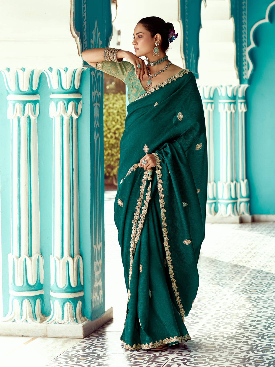 Bottle Green Organza Saree with Sequin Embroidery