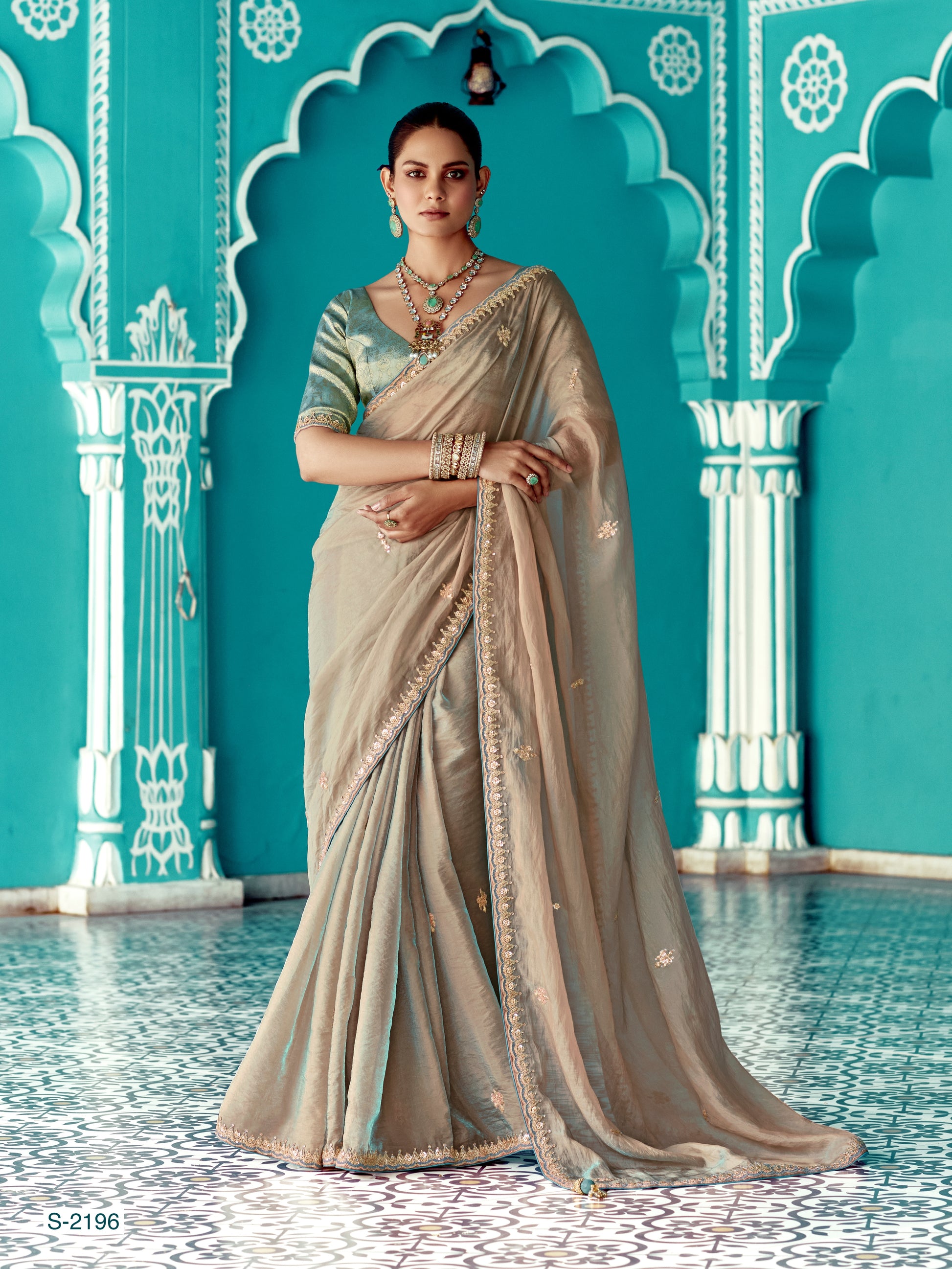Taupe Grey Glass Tissue Saree with Embroidery