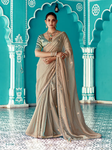 Taupe Grey Glass Tissue Saree with Embroidery