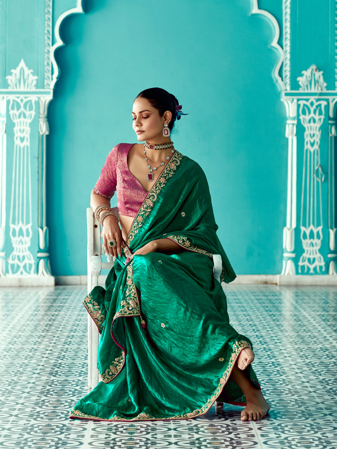 Emerald Green Organza Saree with Heavy Border