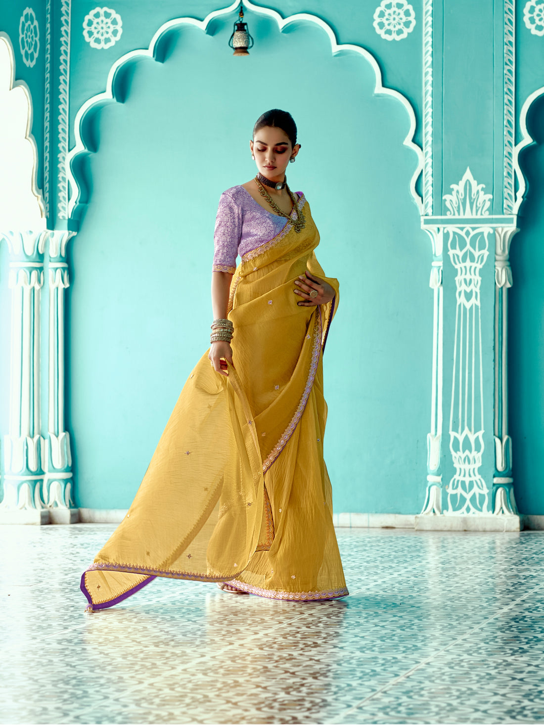 Mustard Yellow Organza Saree with Sequin Embroidery