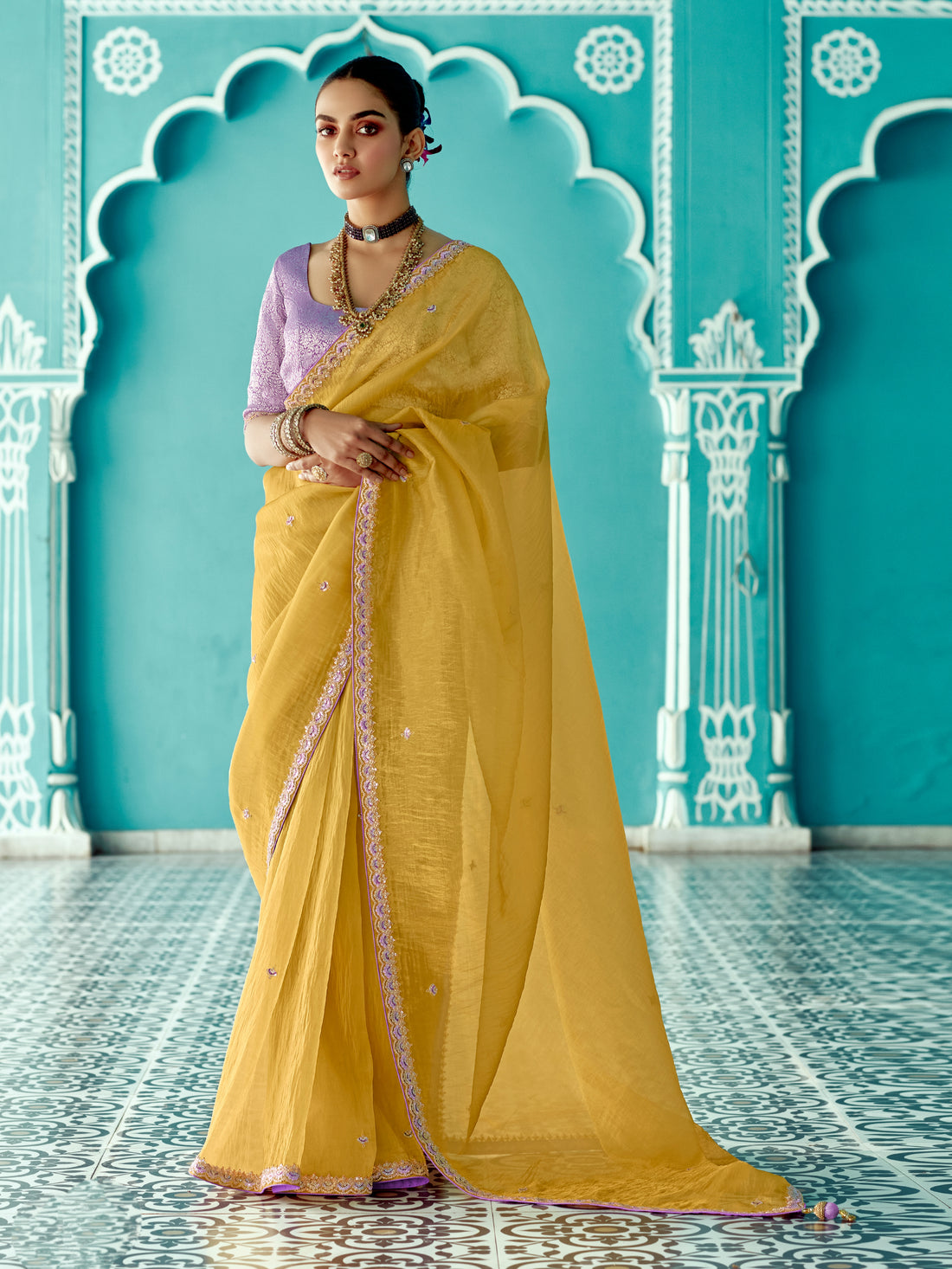 Mustard Yellow Organza Saree with Sequin Embroidery