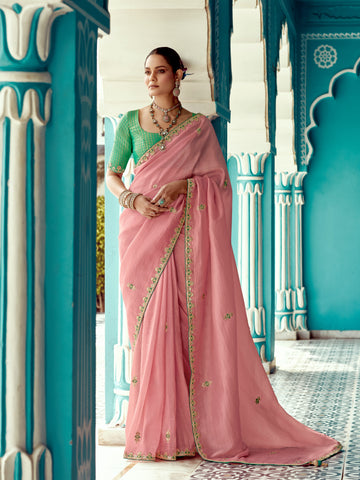 Blush Pink Organza Saree with Sequin Work