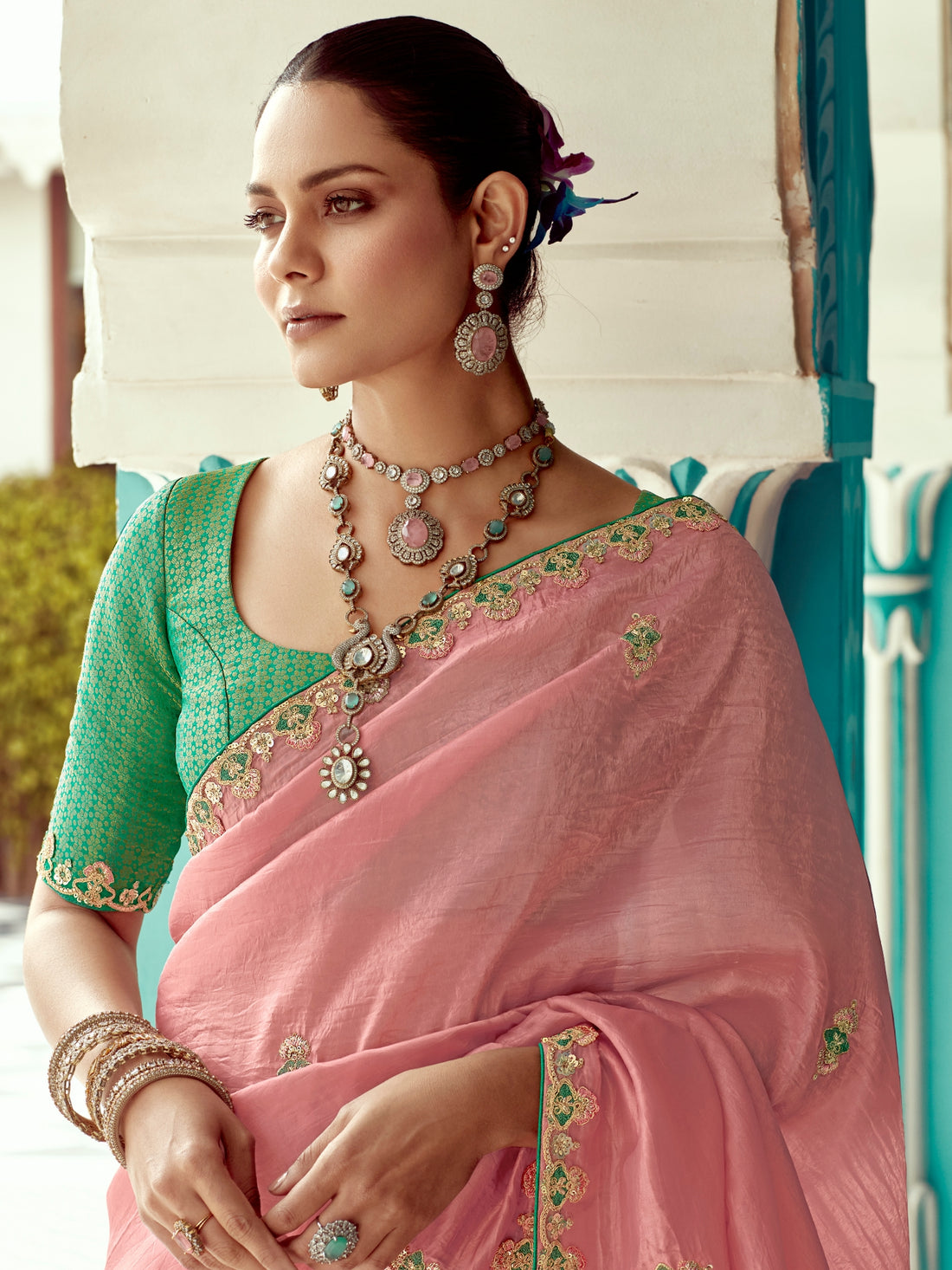 Blush Pink Organza Saree with Sequin Work