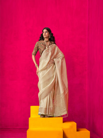 Ivory Pure Zari Tissue Saree with Golden Weaving Border