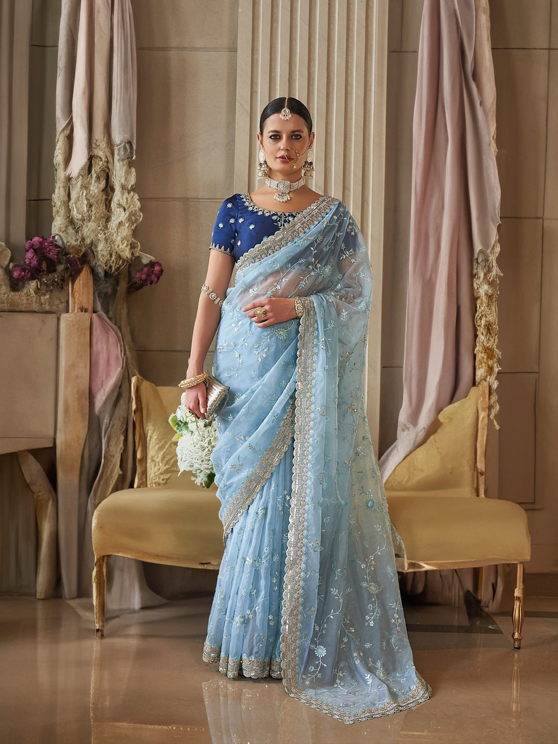 Sky Blue Fancy Tissue Saree with Embroidered Floral Details