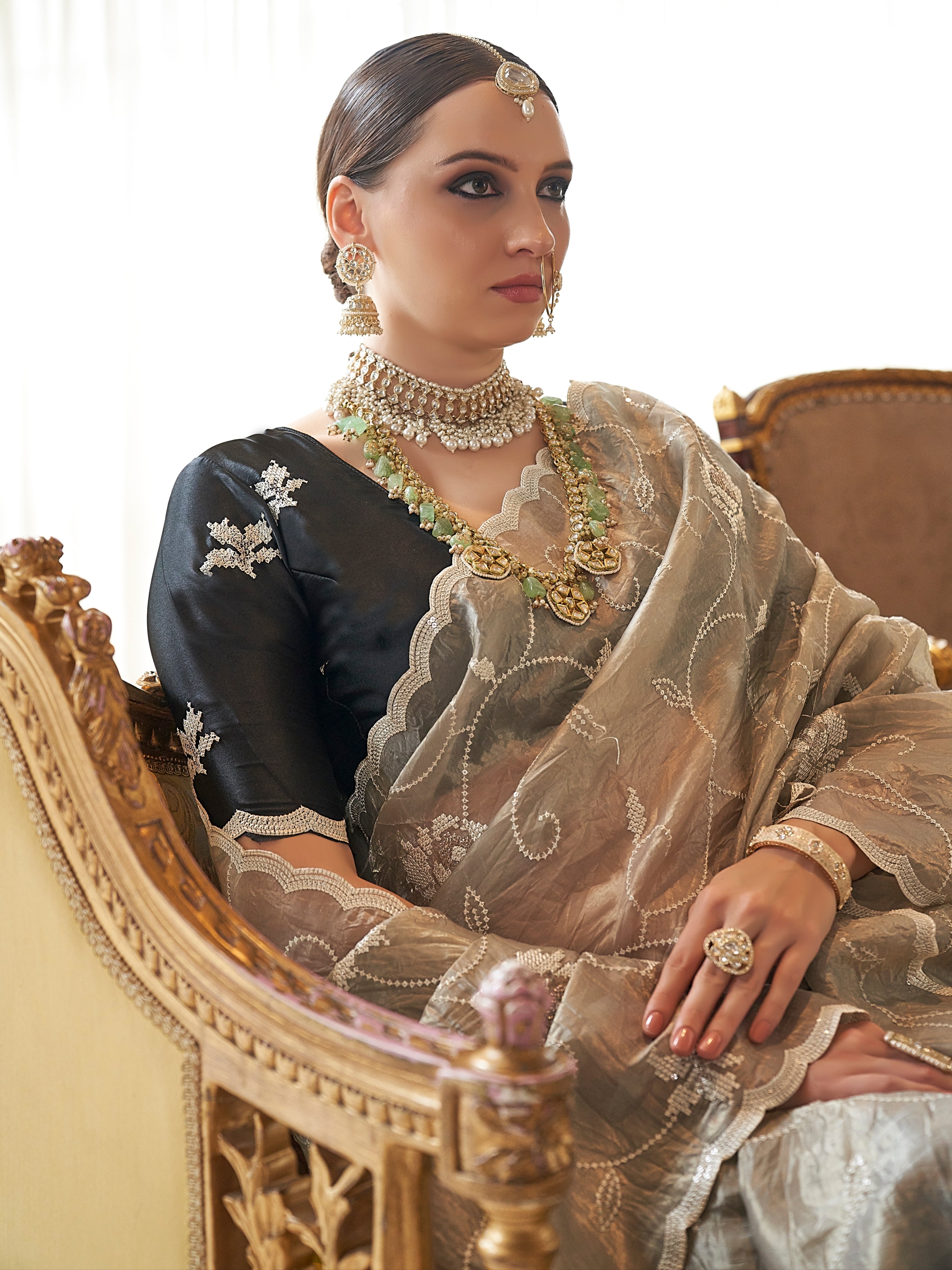 Black Fancy Tissue Saree with White Floral Embroidery