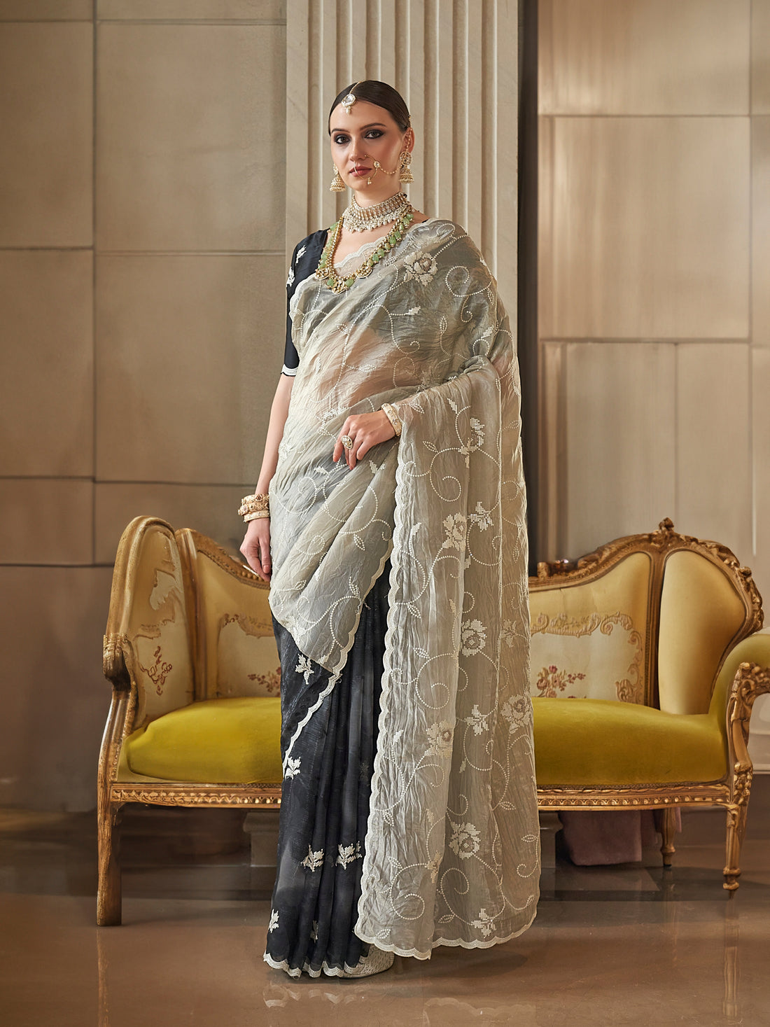 Black Fancy Tissue Saree with White Floral Embroidery