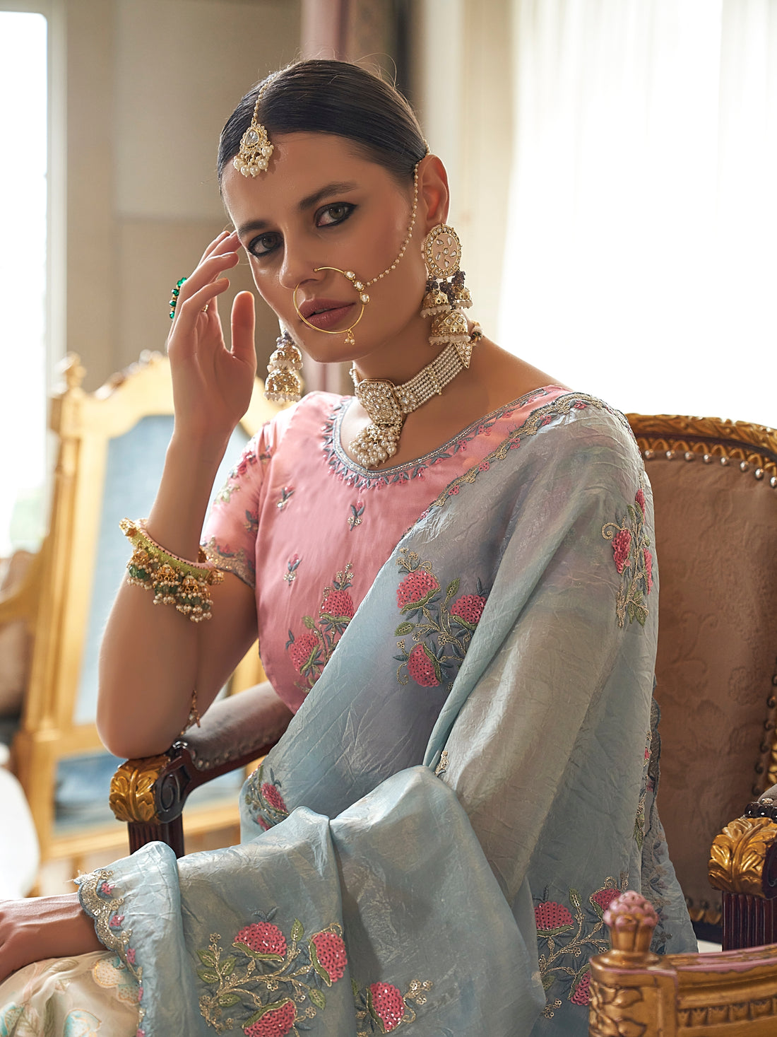 Powder Blue Fancy Tissue Saree with Floral Embroidery