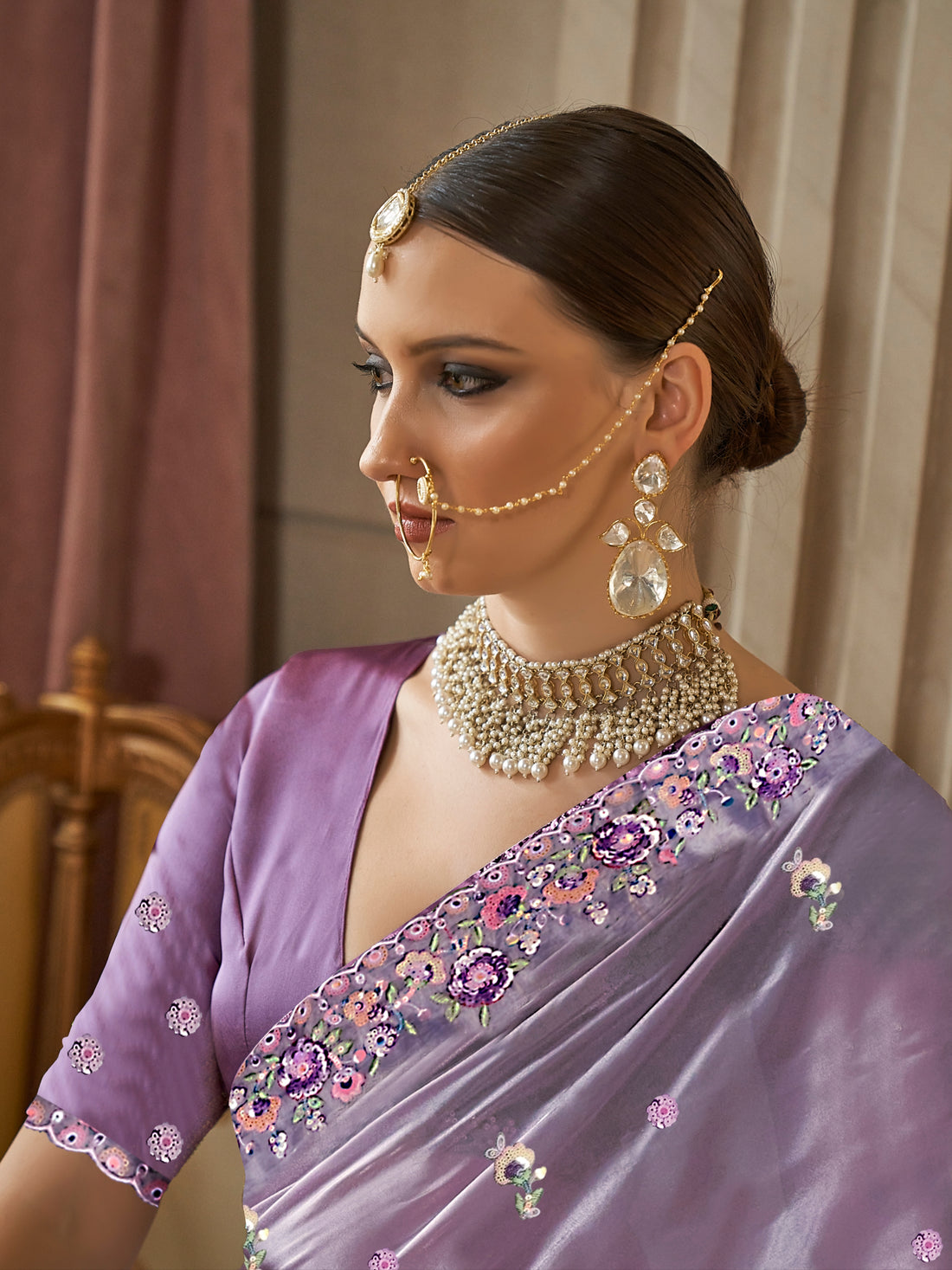 Lavender Fancy Tissue Saree with Intricate Floral Embroidery