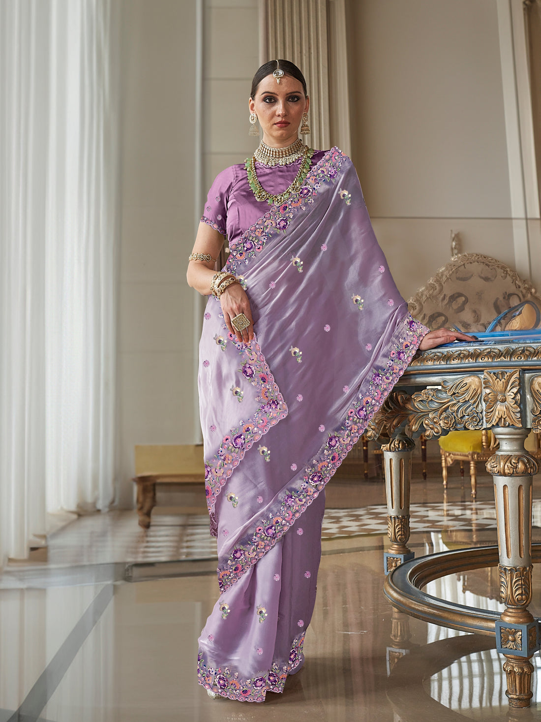 Lavender Fancy Tissue Saree with Intricate Floral Embroidery