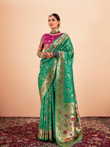 Green Paithani Silk Saree with Rich Gold Zari Border