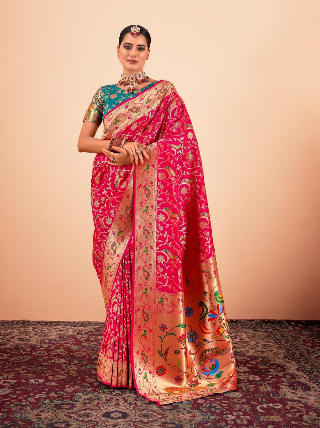 Pink Paithani Silk Saree with Traditional Gold Zari Border