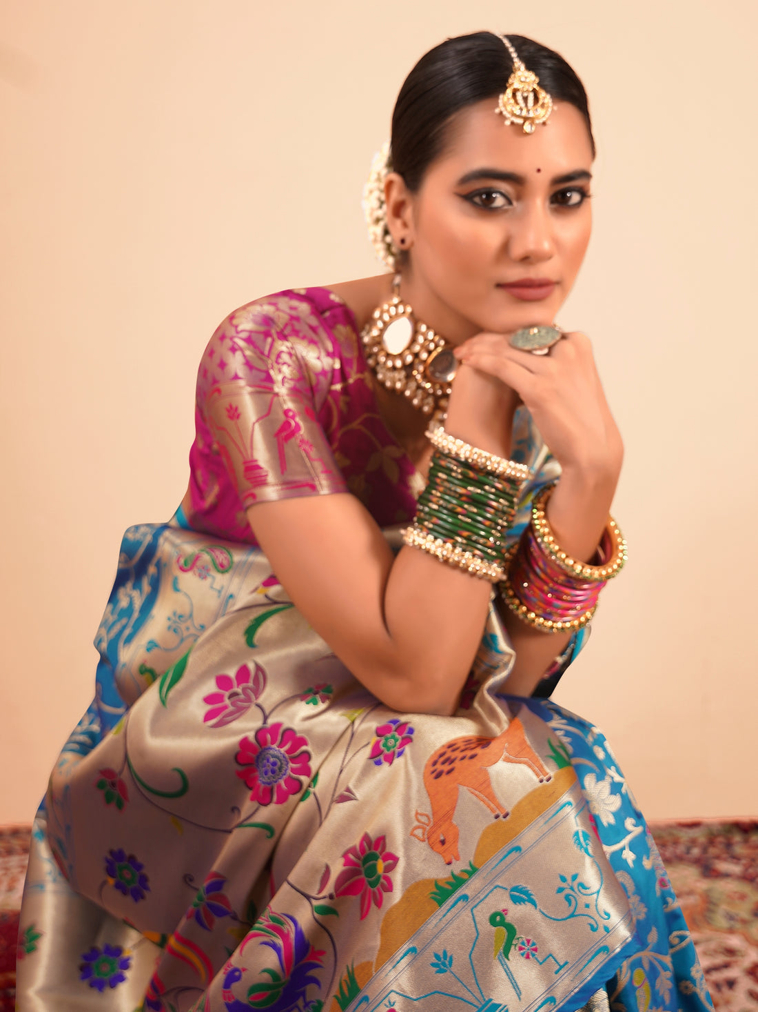 Blue Paithani Silk Saree with Multi-Color Zari Weaving