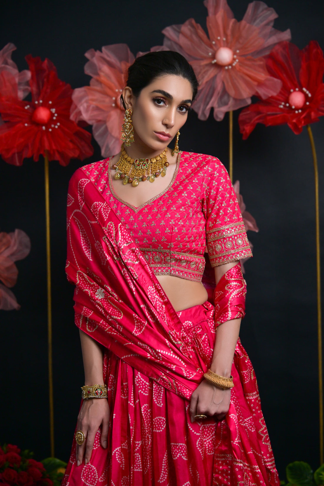 Pink Printed Bridal Lehenga with Jari Embroidery