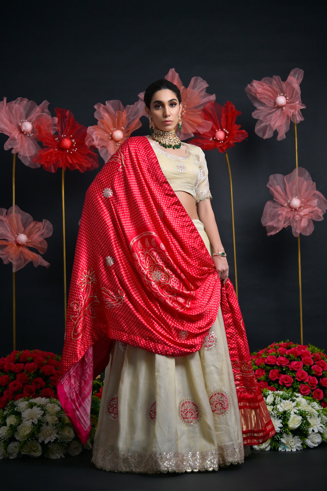 Ivory & Red Tissue Bridal Lehenga with Gota Patti & Aari Work