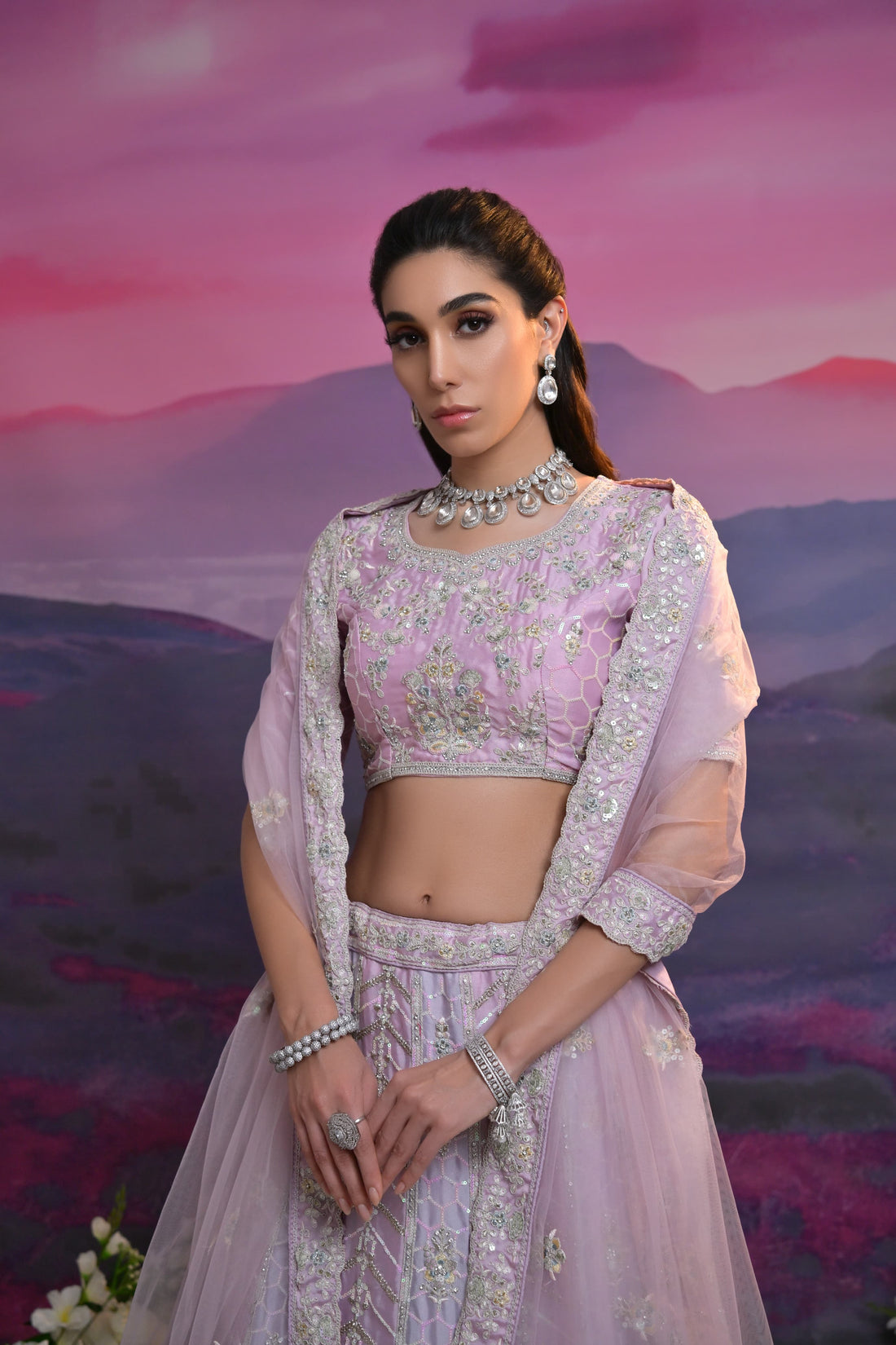 Lavender Heavy Embroidered Wedding Lehenga with Net Dupatta