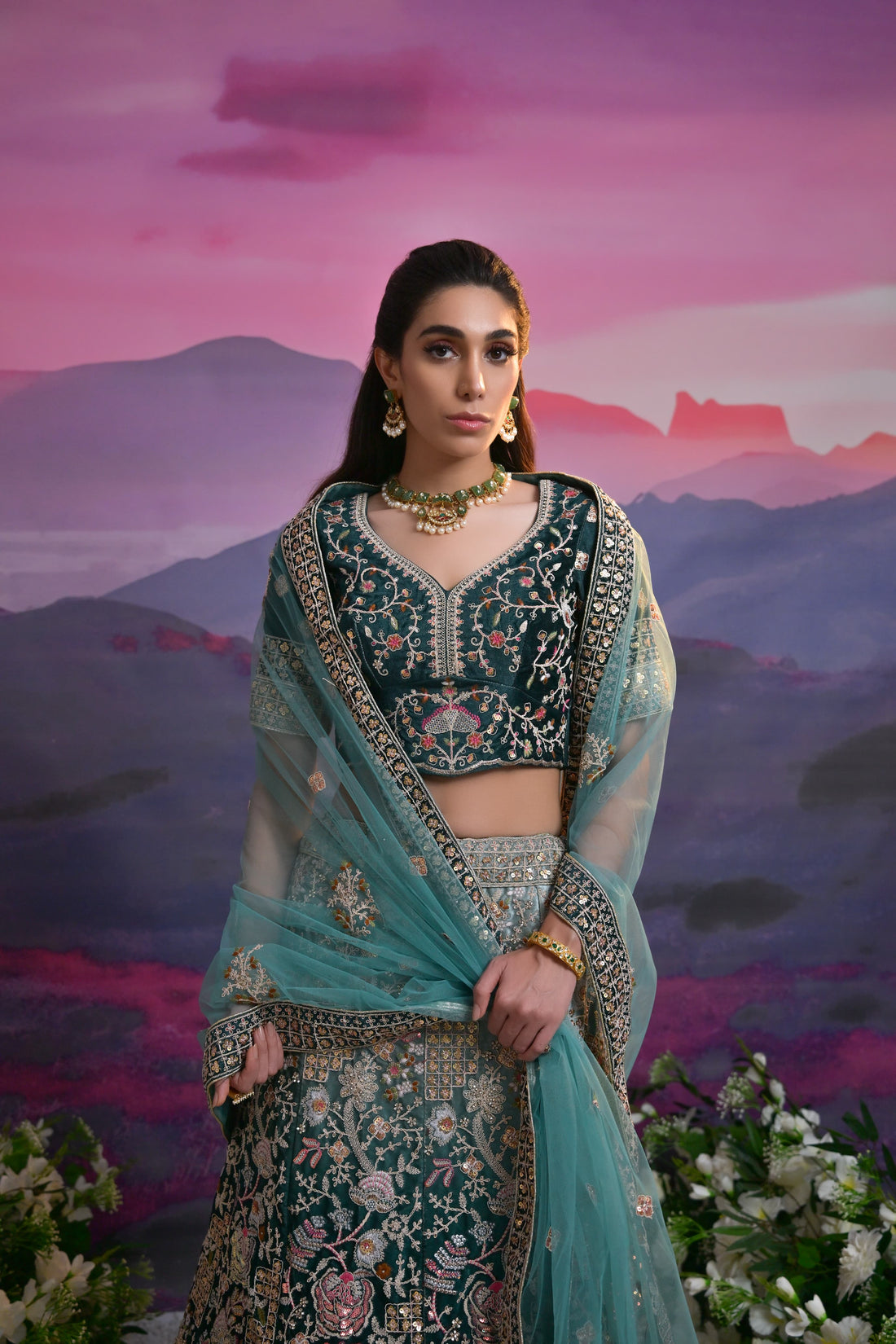 Teal Green Bridal Lehenga with Heavy Embroidery & Net Dupatta