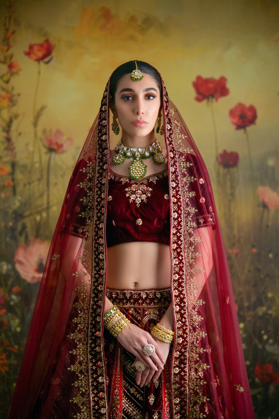 Burgundy and Antique Gold Velvet Bridal Lehenga with rich embroidery and matching dupatta