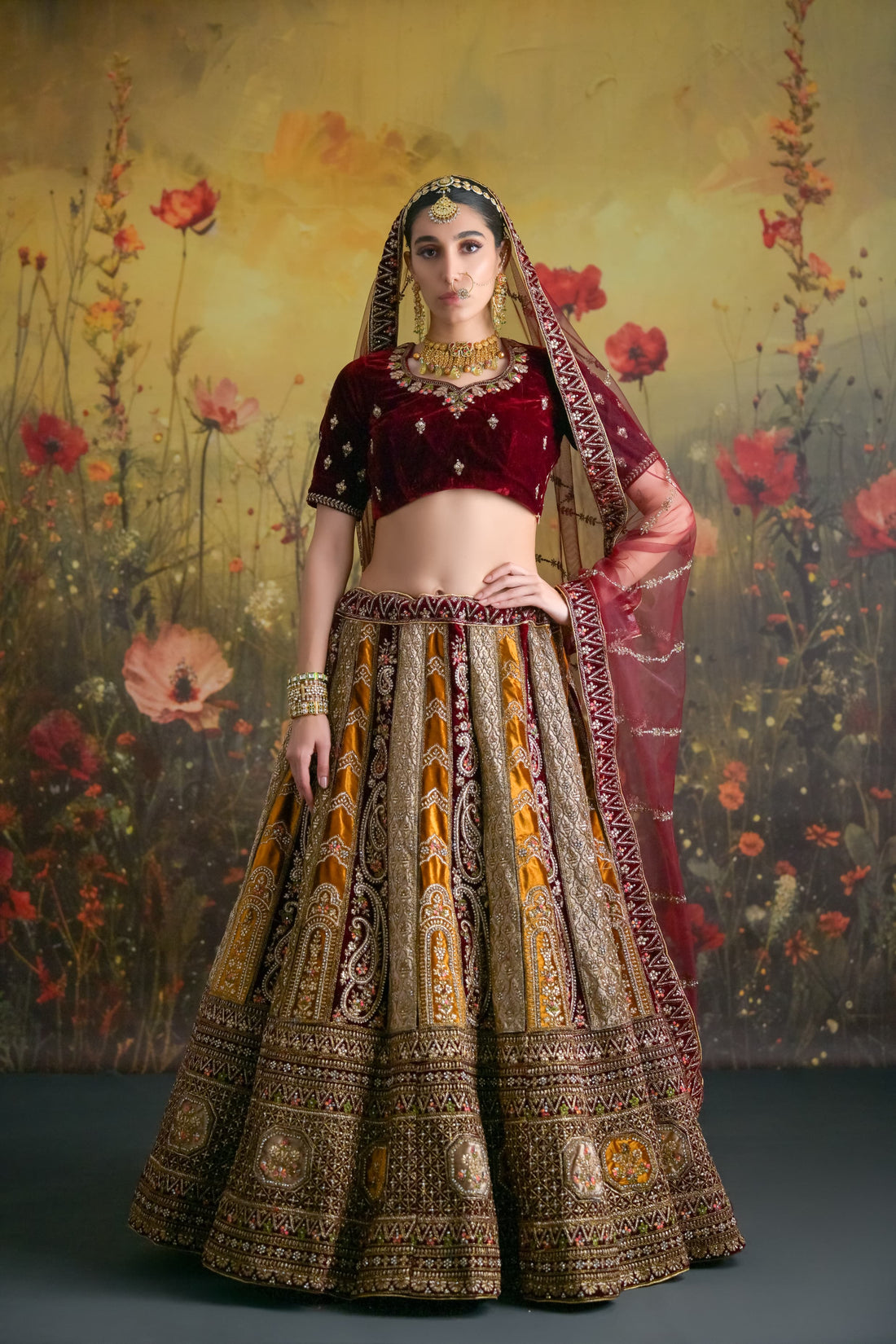 Brown & Mustard Velvet Bridal Lehenga with Zardosi Work