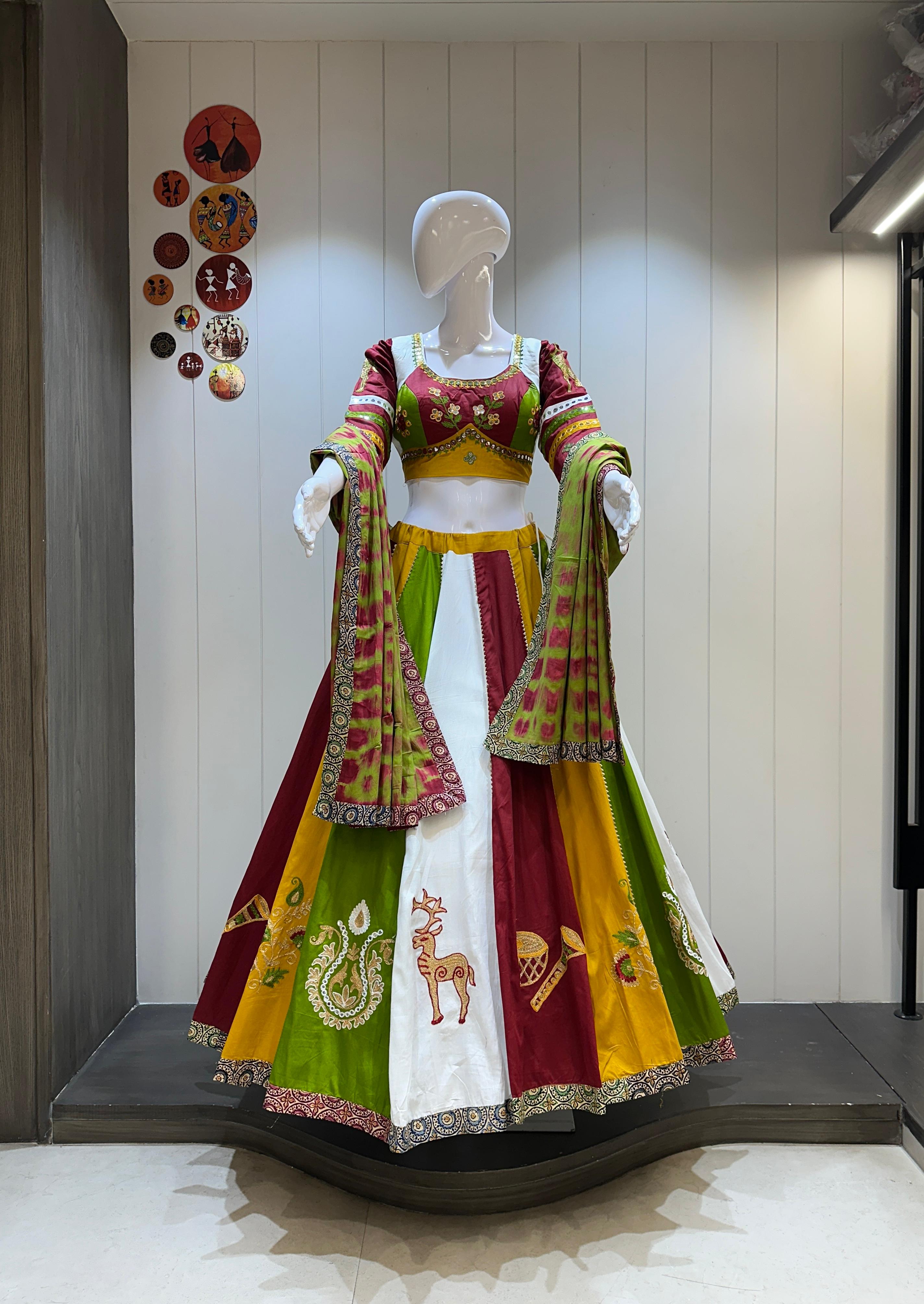 Multicolor Jaam Cotton Chaniya Choli with Aari Work for Navratri