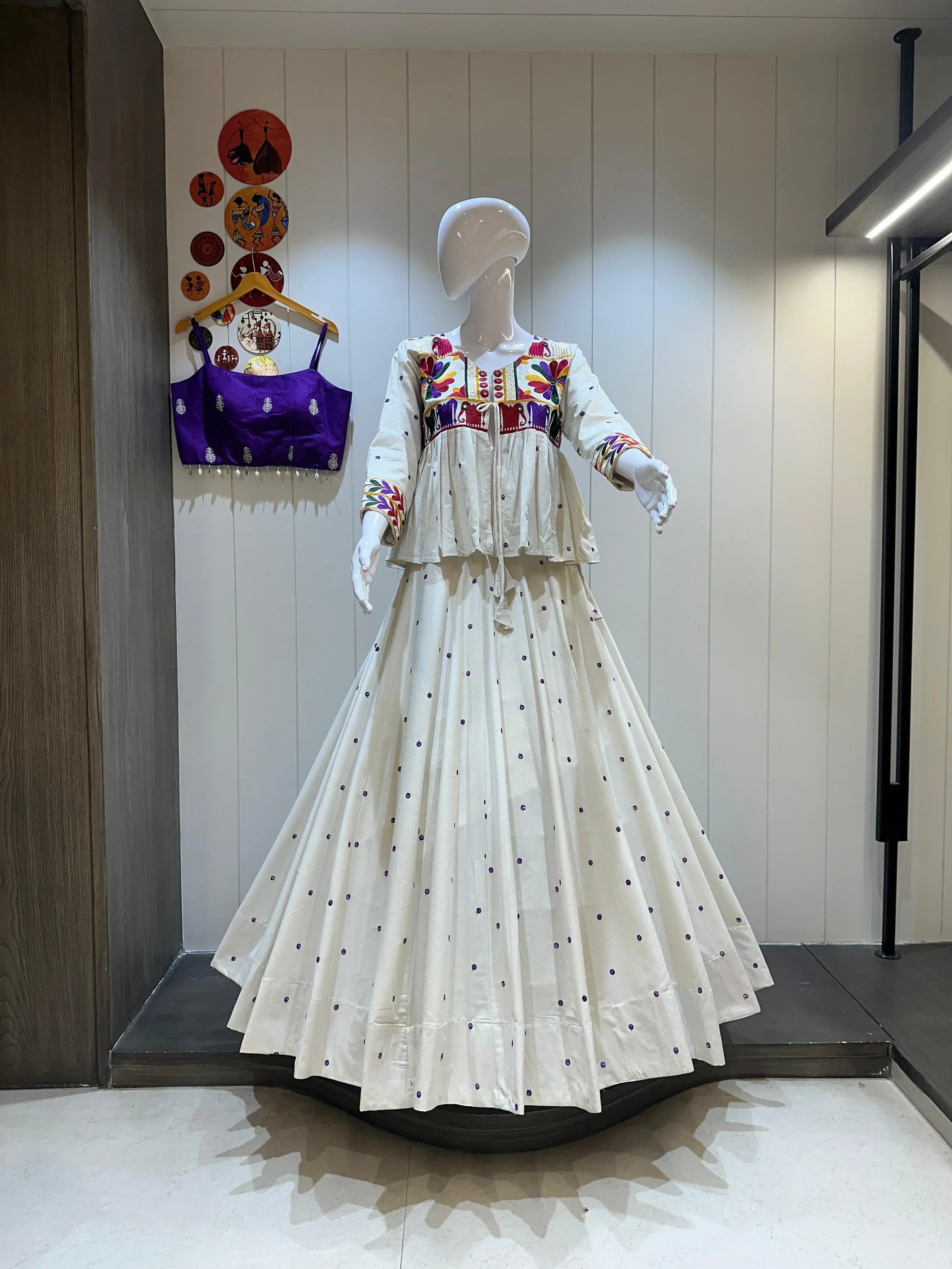 8 Meter Flare Butti Work White Skirt for Navratri