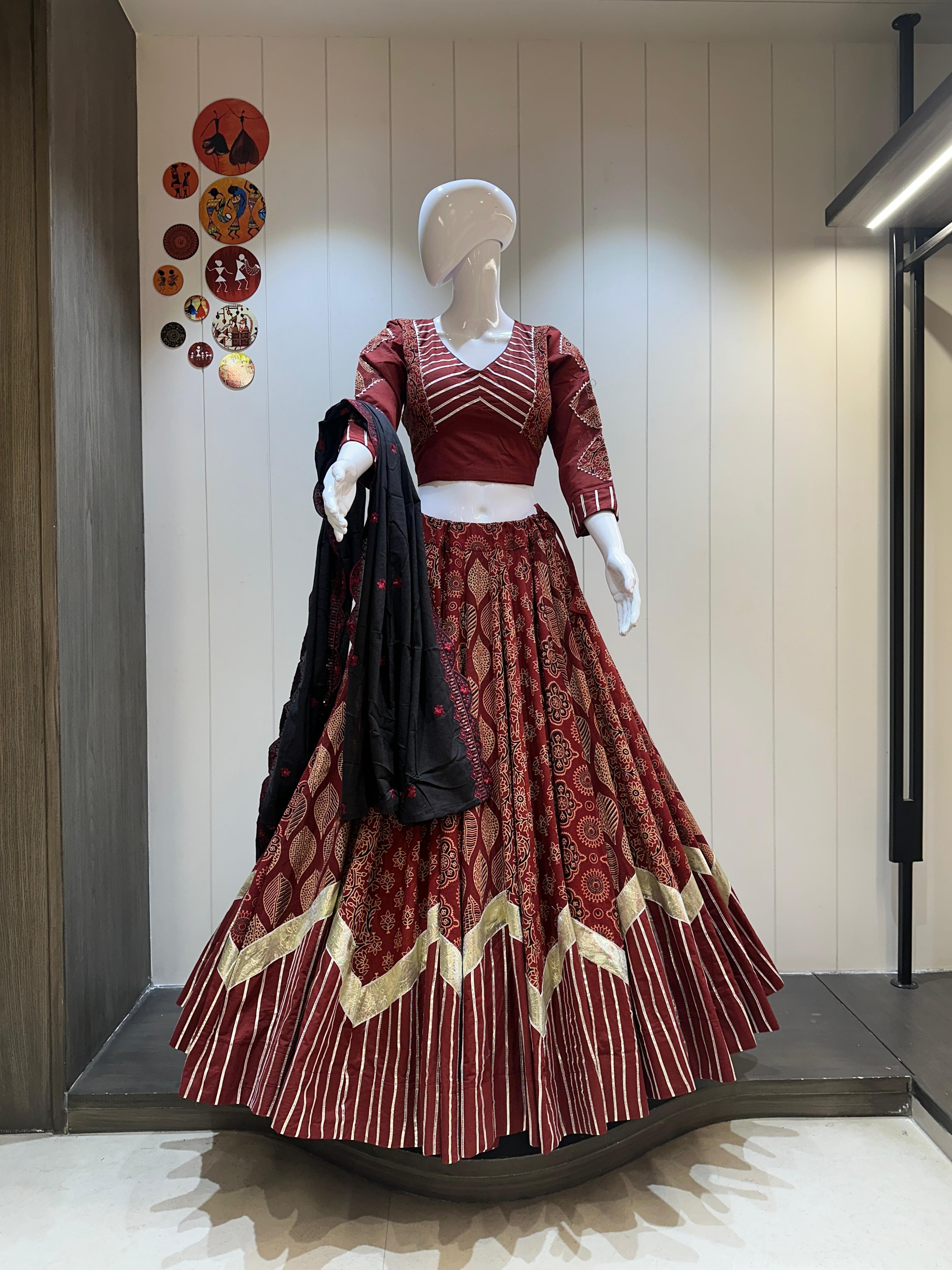 maroon navratri chaniya choli with mirror and embroidery work