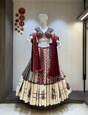 Cream maroon khadi chaniya choli with folk embroidery