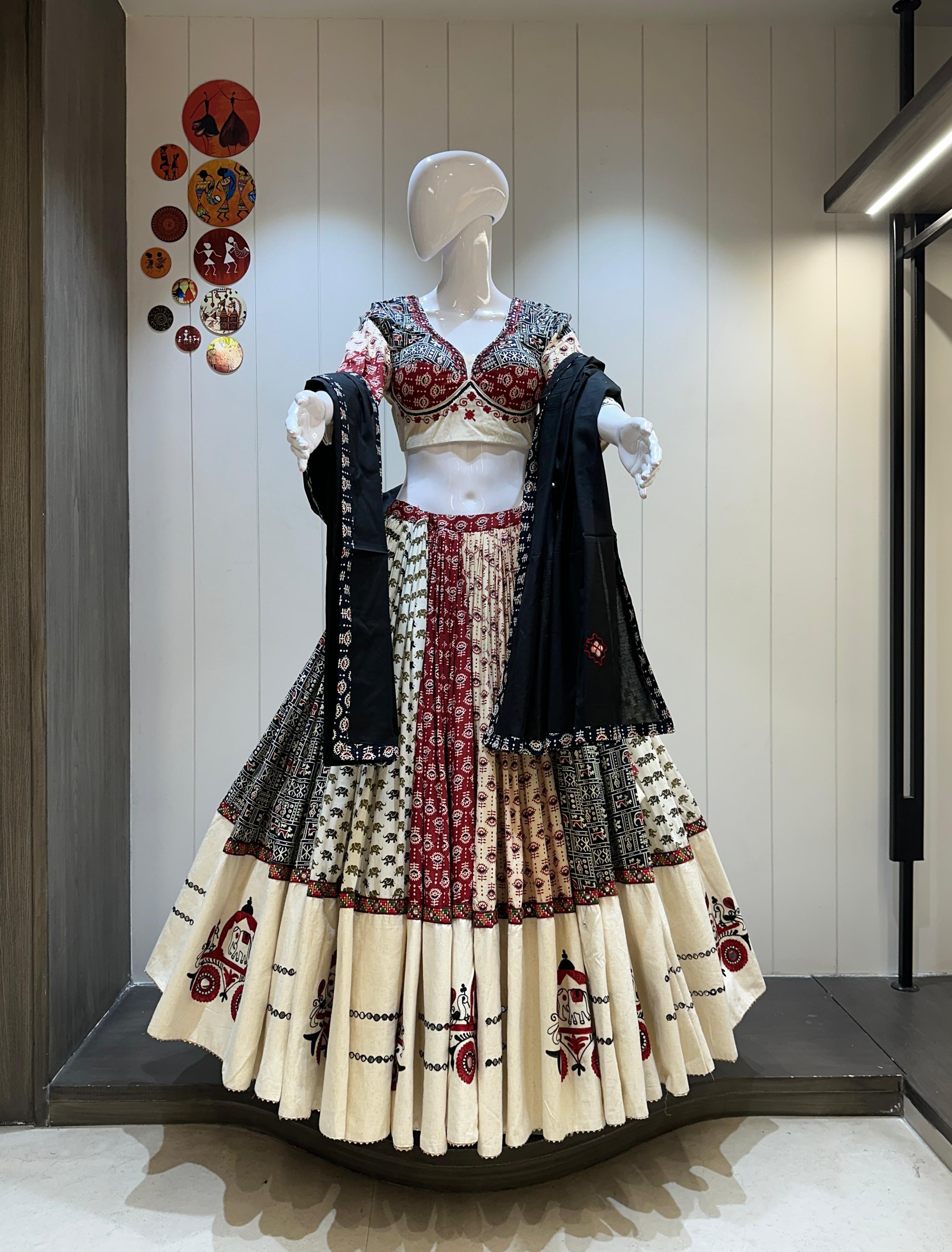 Ivory maroon khadi chaniya choli with patch design