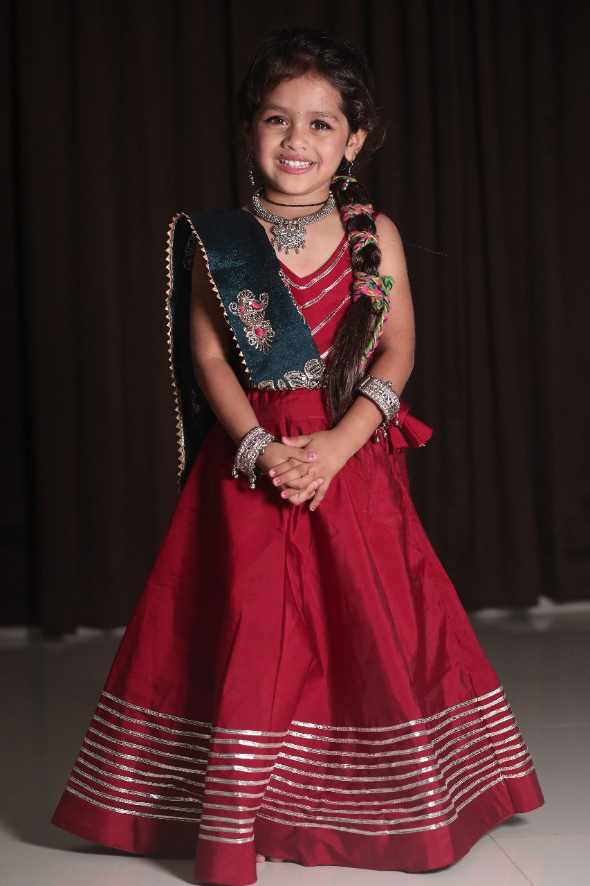 Roman silk full flared kids lehenga set for Garba night