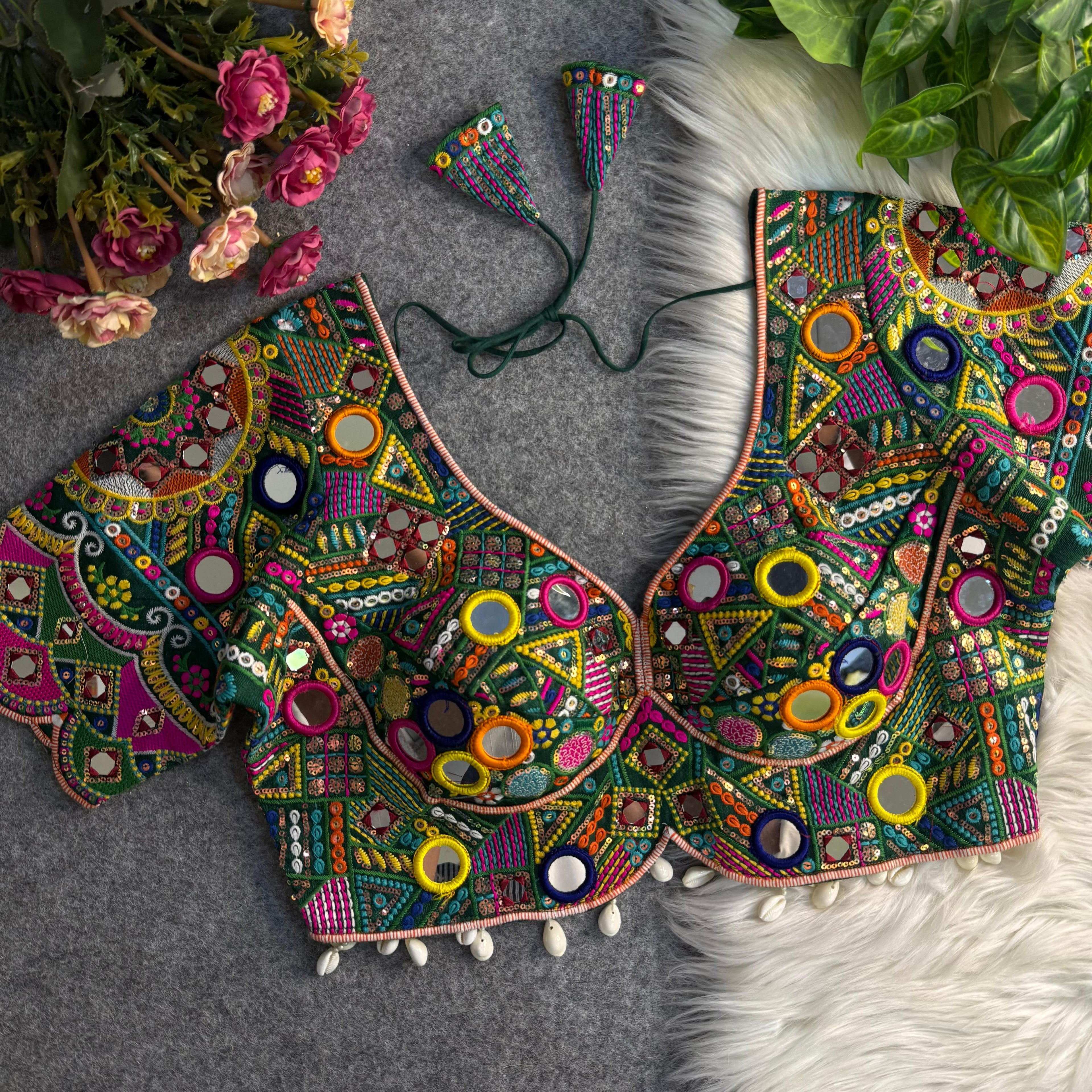 Green Pure Italian Silk Real Mirror Work Navratri Blouse