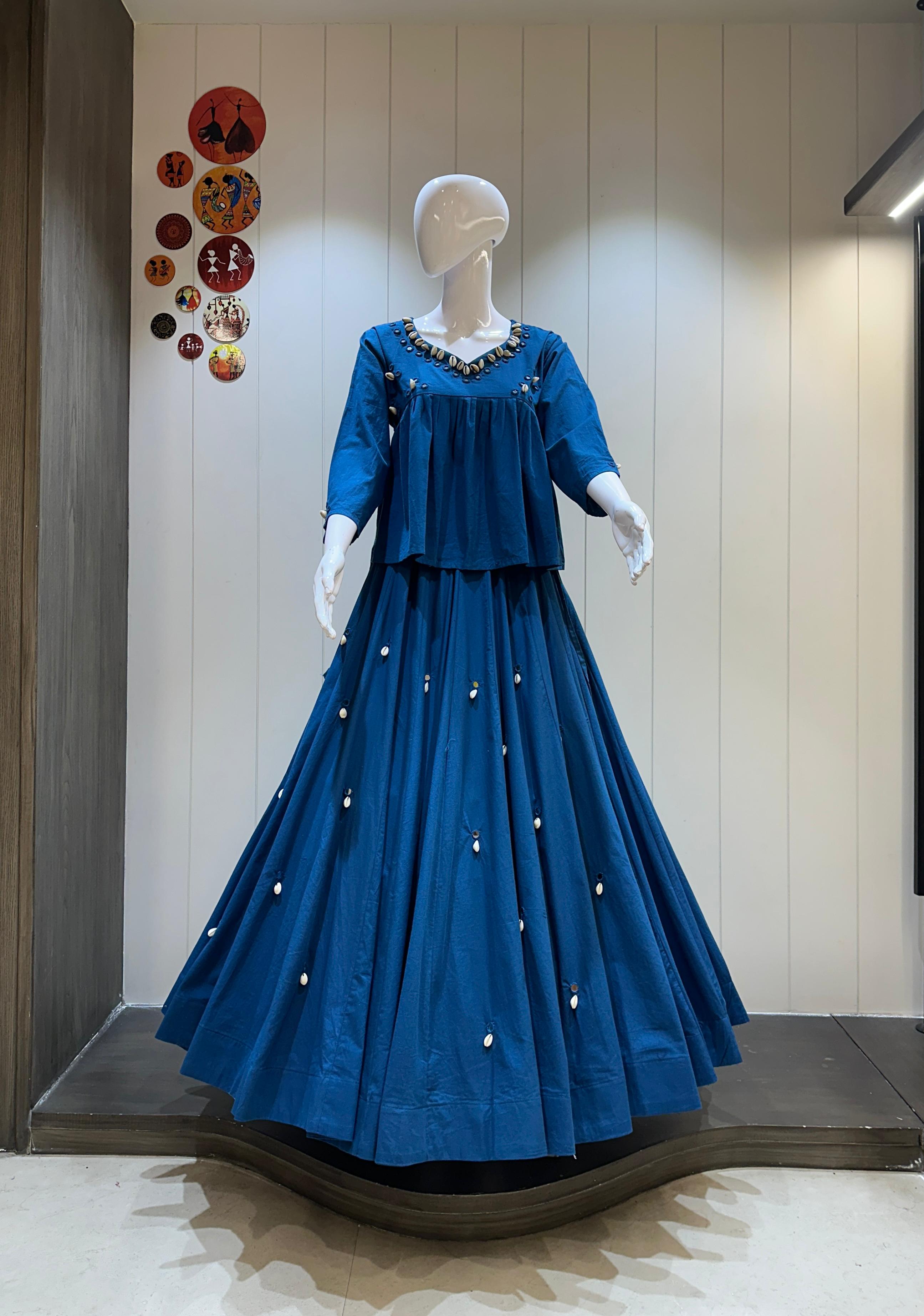 Peacock Blue Kediyu Chaniya Choli with Mirror Work