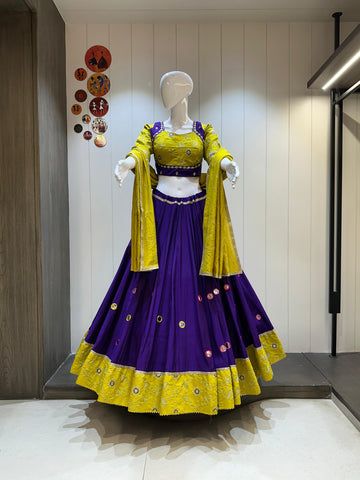 Purple Navratri cotton chaniya choli with yellow dupatta
