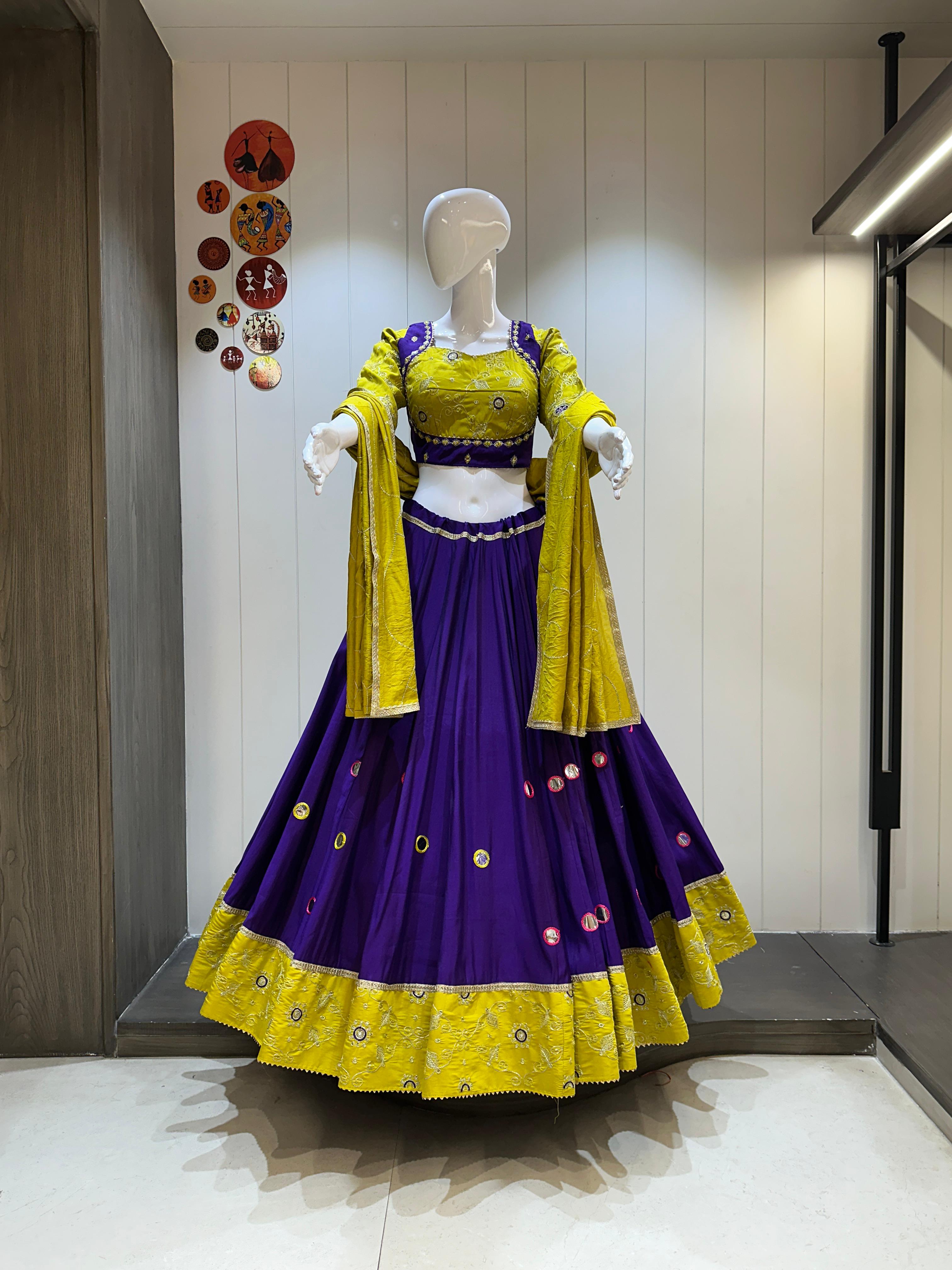 Purple Navratri cotton chaniya choli with yellow dupatta