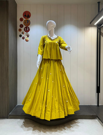 Mustard Yellow Dhabu Cotton Chaniya Choli for Garba
