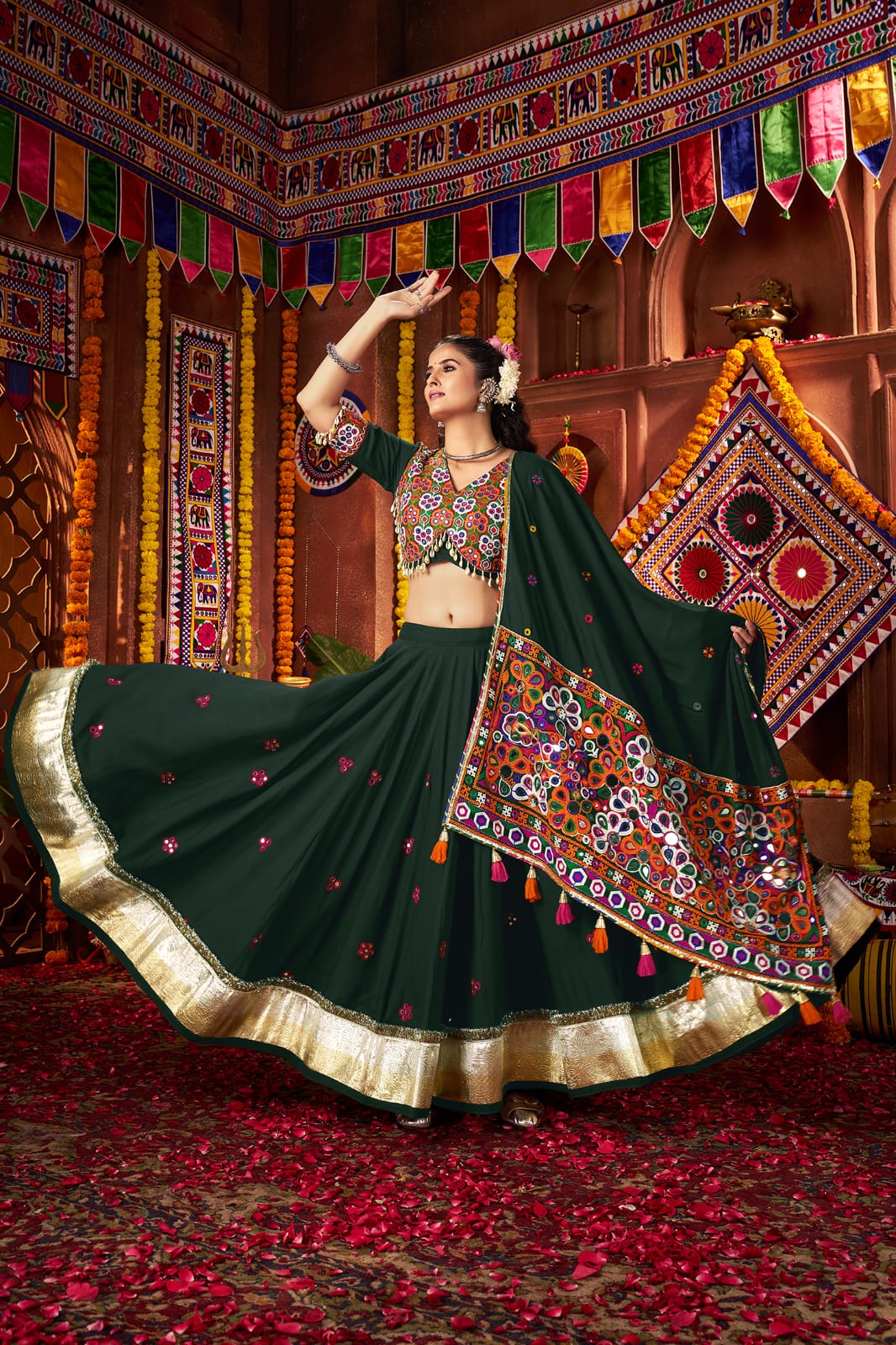 Traditional Navratri wear chaniya choli in green