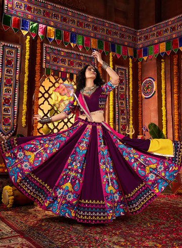 Purple Navratri Chaniya Choli with mirror work