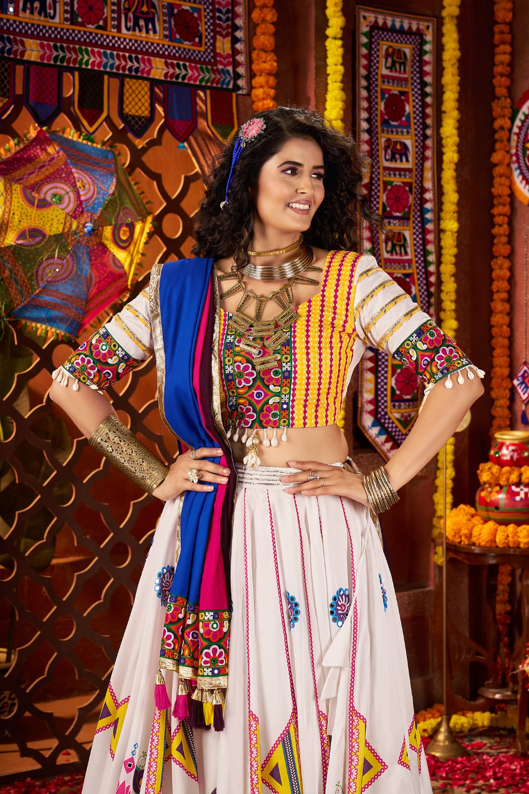 Mirror work lehenga white color