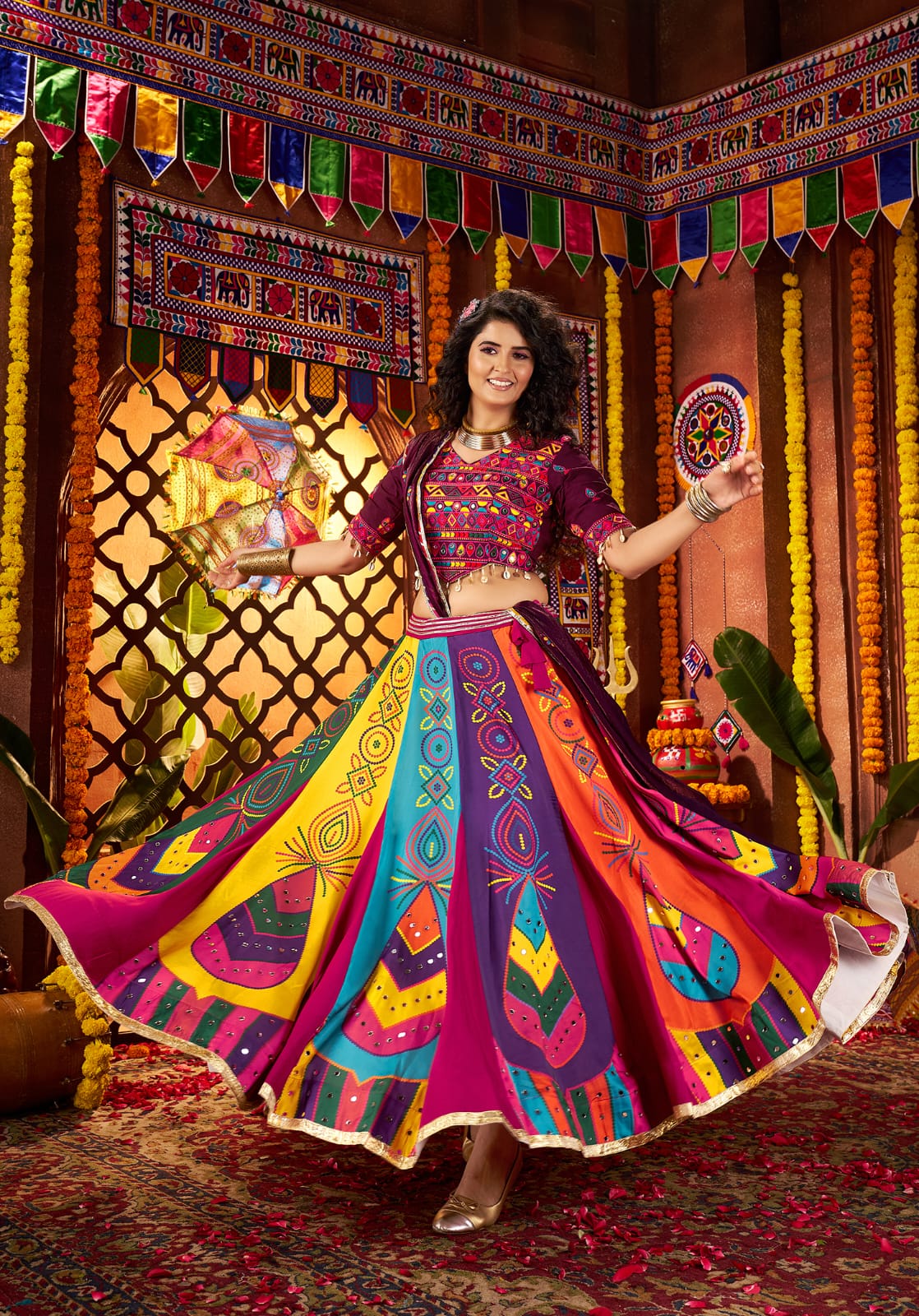 Multicolor Navratri chaniya choli with mirror work