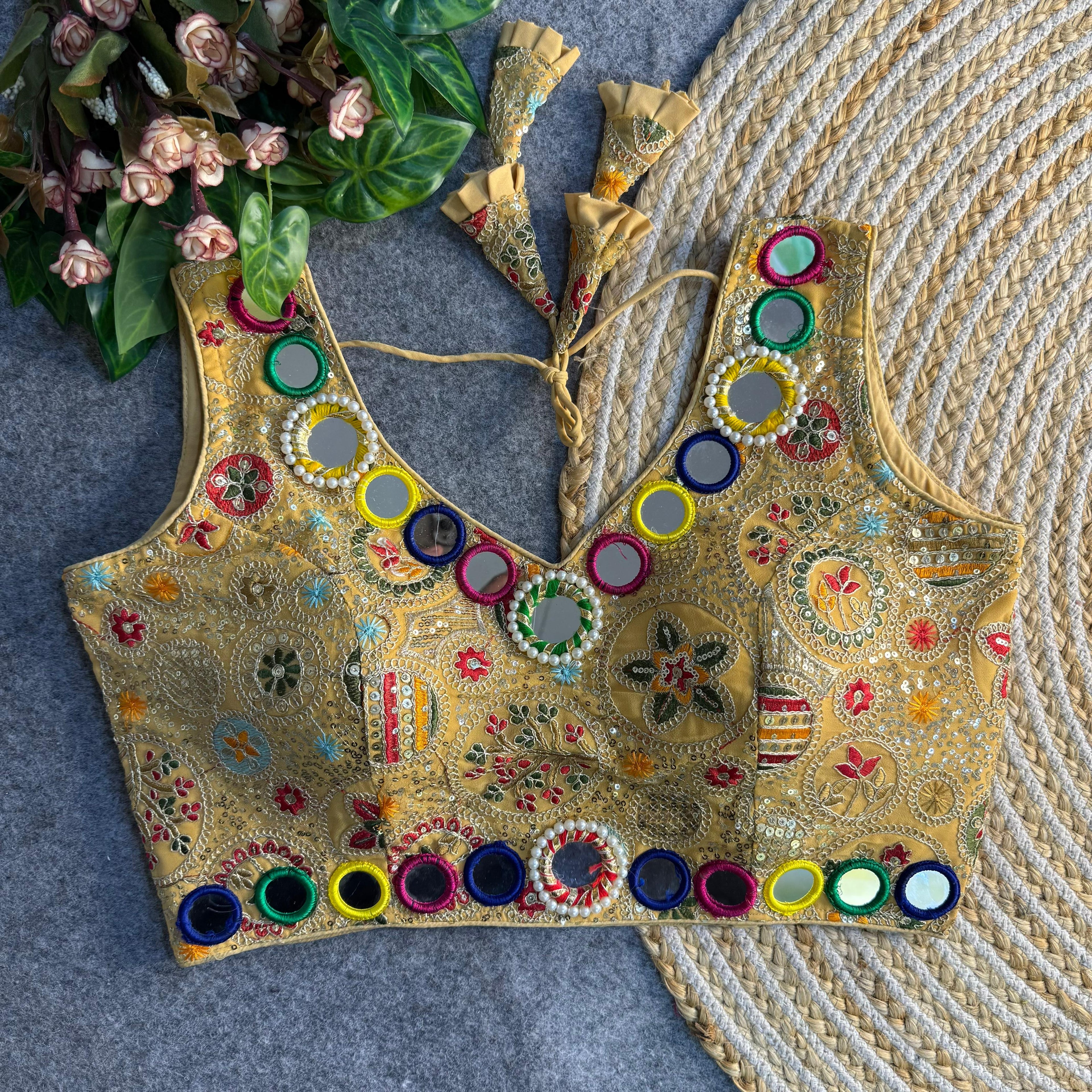 Mustard Faux Georgette Multi Mirror Work Navratri Blouse