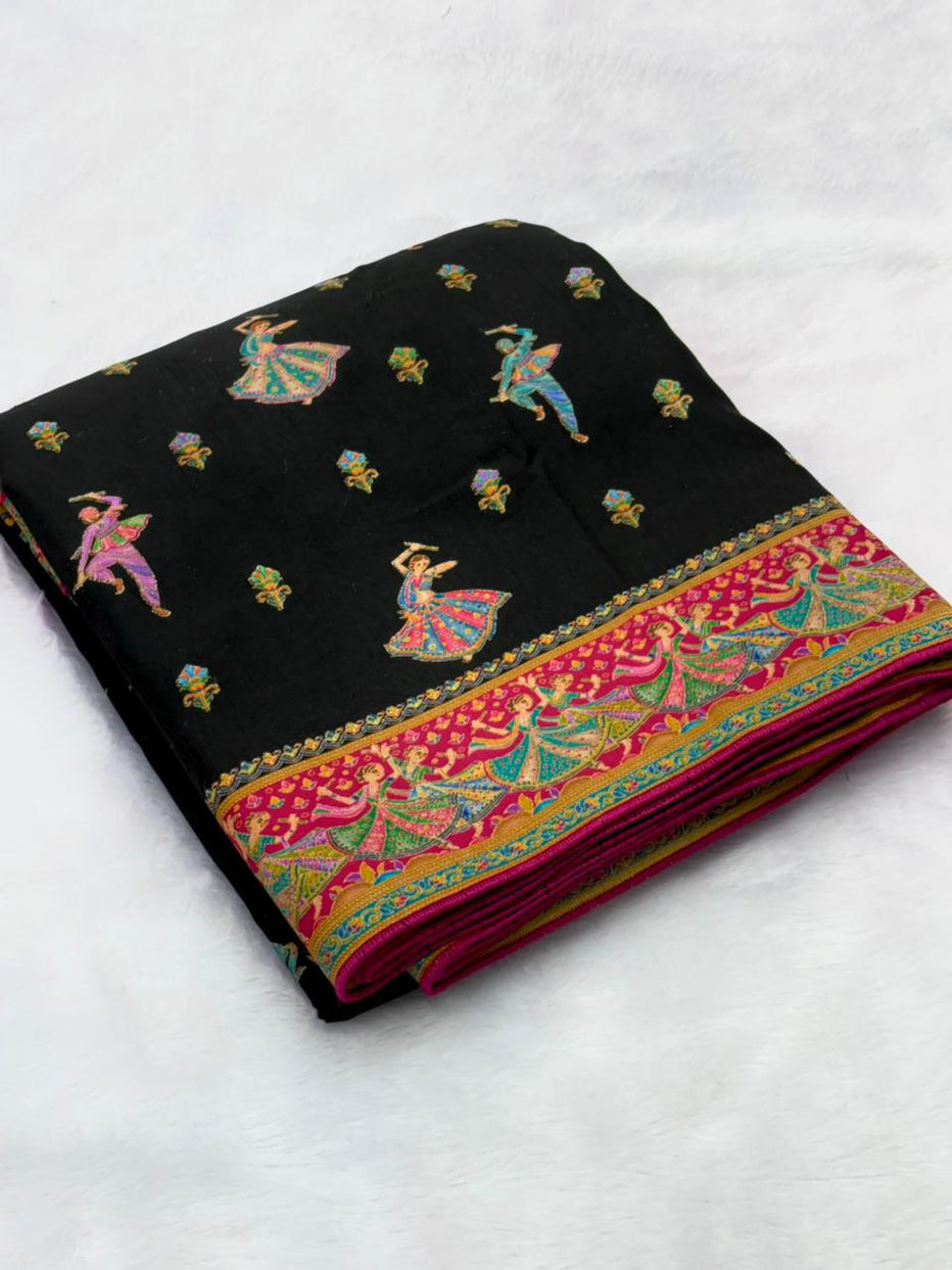 Black Pure Viscose Silk Position Printed Traditional Saree